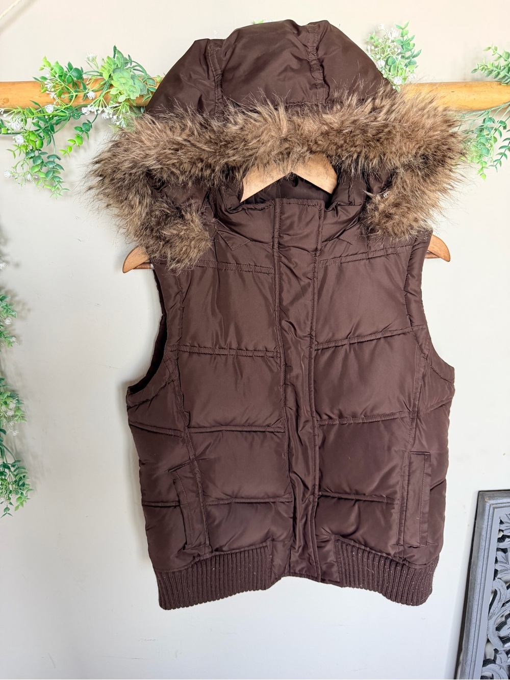 GAP Brown Quilted Puffer Vest with Faux Fur Hood